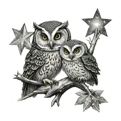 Mother Owl Cuddling Baby Owl Perched Atop A Branch With Stars In The Background