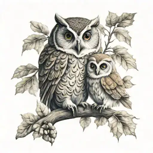 Mother Owl Cuddling Baby Owl Surrounded By Oak Leaves