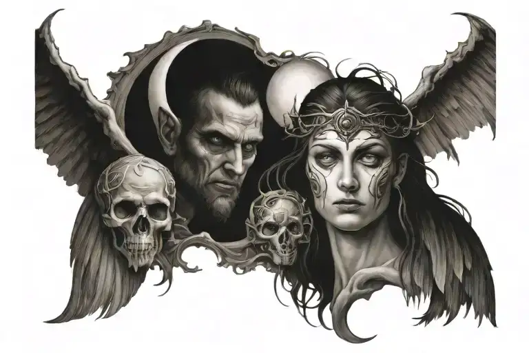 Good And Evil Facing Religious Theme With A Moon