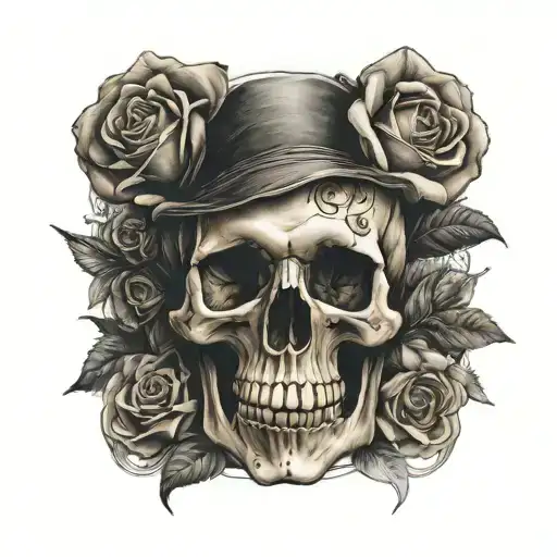 Skull And Roses Blooming Flowers