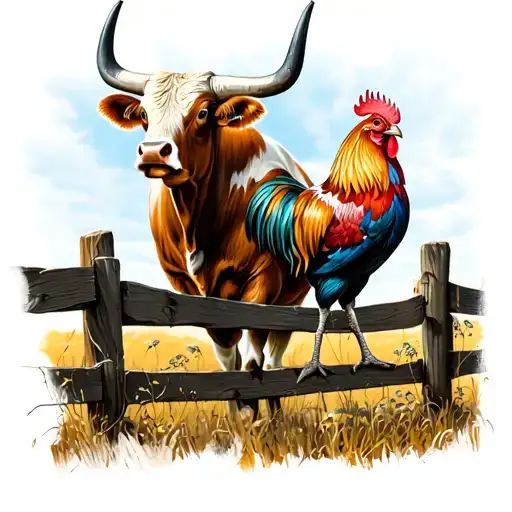 Texas Longhorn Bull And A Rooster On A Fence