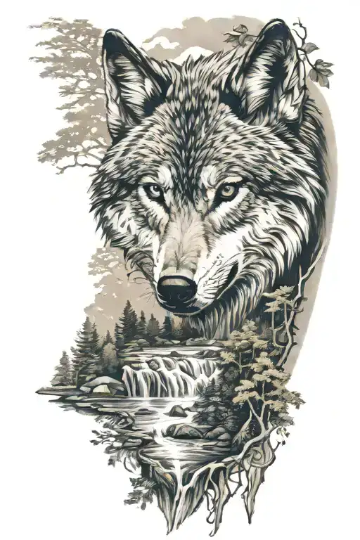 Wolf Head With A River And Forest Scenery In The Background