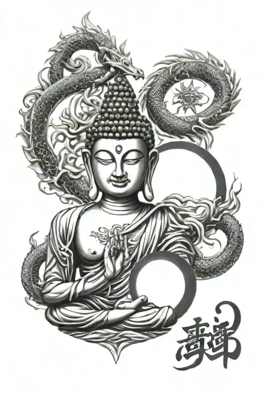 Spiritual Buddha With Yin Yang Third Eye And Dragon Wrapped Around Meditating