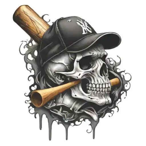 Skull With Crossed Baseball Bats And Other Baseball Elements