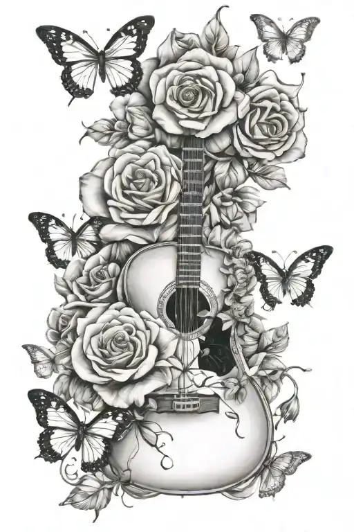 Rose And Guitar And Butterflies Surrounding Them