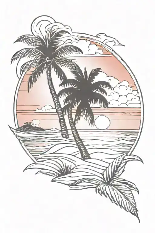 Beach Shore With Palm Trees Red And Blue Sunset Background