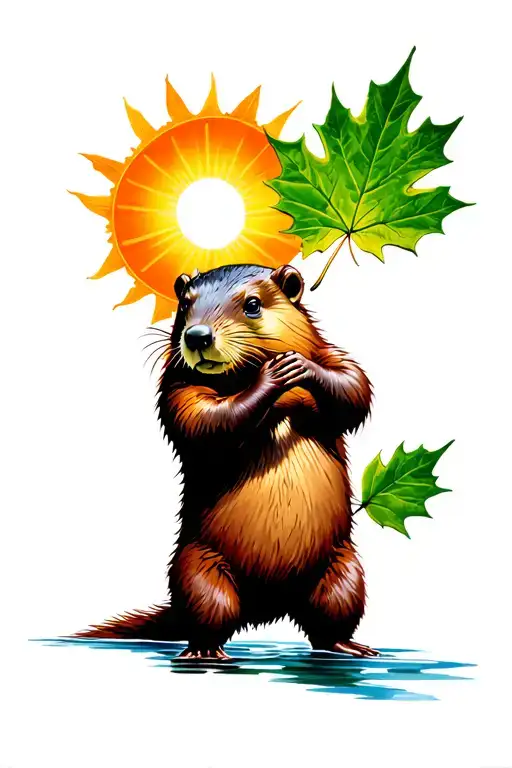 Beaver Holding A Maple Leaf With The Sun And The Water Was Closing