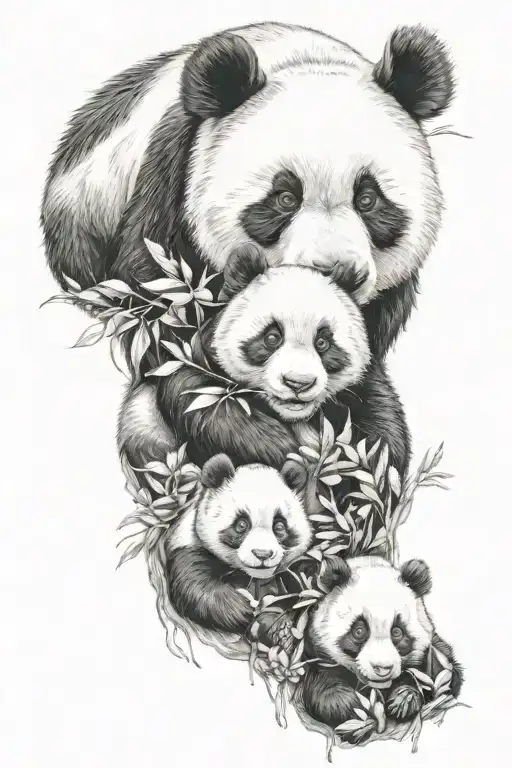 Panda With Theee Cubs Playing