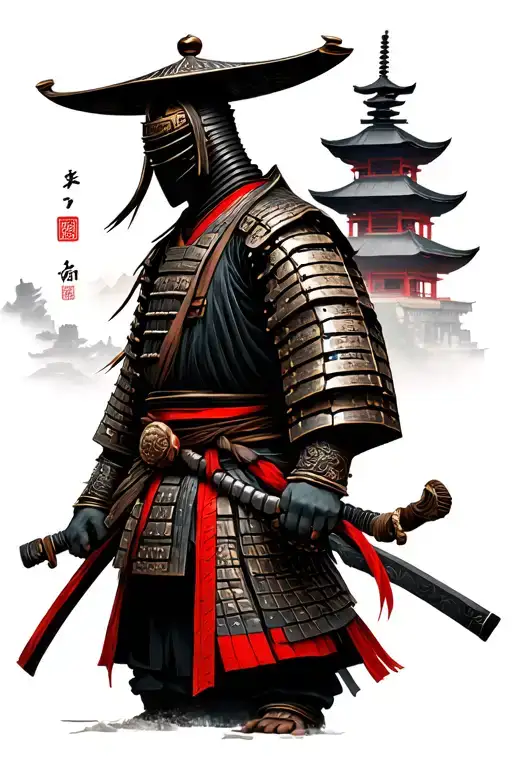 Japanese Faceless Samurai And Temple Ruins