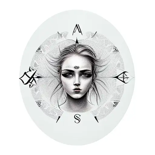 Women With Hair Over Eyes With A Compass Above Her And Clouds With Eyes Looking Down