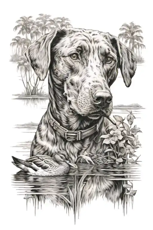 Dog Holding Duck In Mouth And Swamp In Background