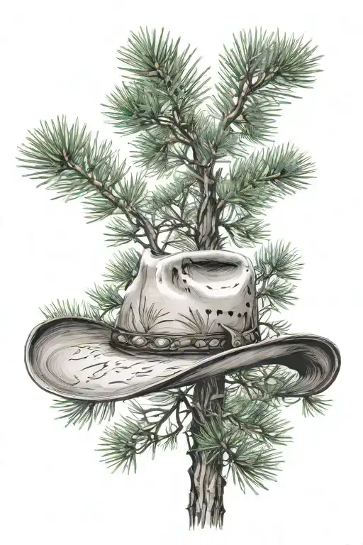 Cowboy Hat Hanging On Branch Of Tall Pine Tree