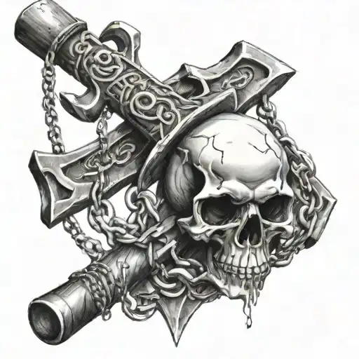 Axe With Skull Head Hanging On Chain