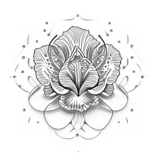 A Dotwork Tattoo Of An Iris Flower Surrounded By Arabic Geometric Patterns