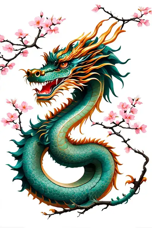 Chinese Dragon With Cherry Blossom Tree