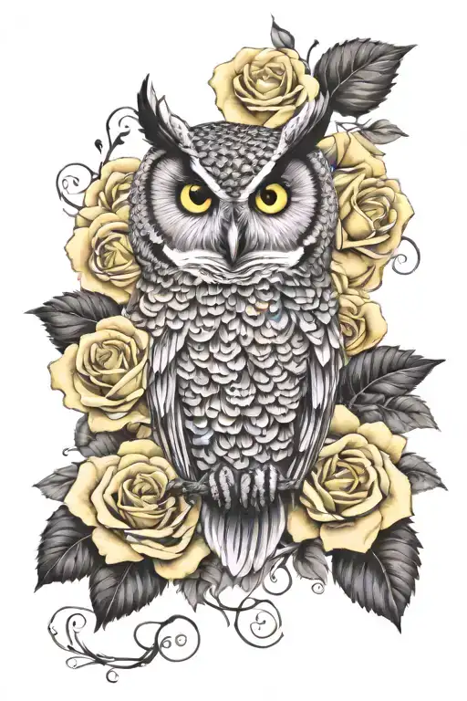 Owl And Yellow Rose Intertwined