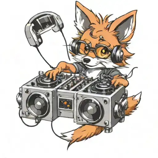 Smiling Cute Cartoony Anthro Furry Fox With Two Dj Decks And Headphones