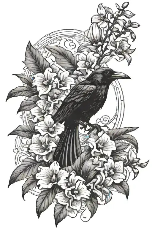 A Murder Of Crows With One In Flight With An Orchid In Its Mouth