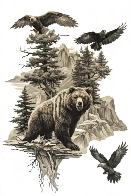 Grizzly And Coyote And Wolverine In Mountains Octopus In Water Eagle In The Sky And Falling Leaves