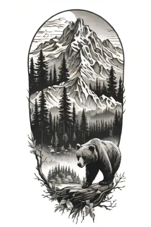 Bear And Woods And Mountains