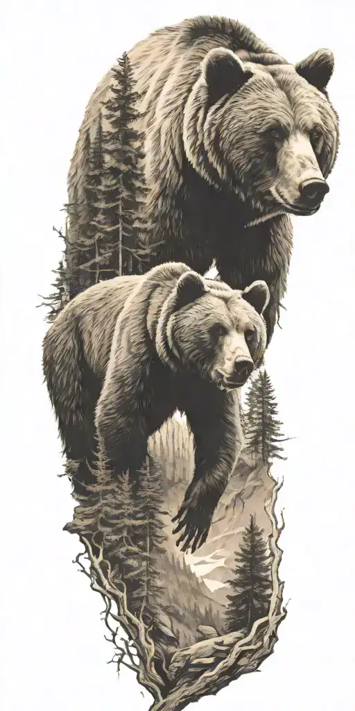 Bear And Woods And Mountains