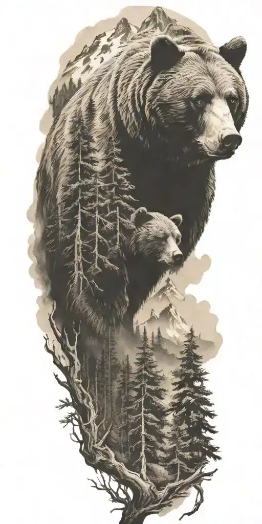 Bear And Woods And Mountains
