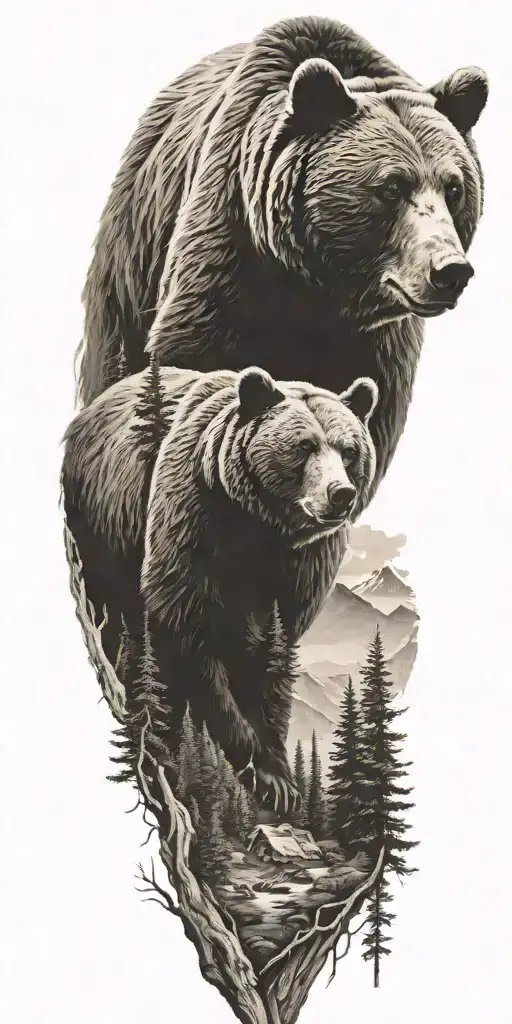Bear And Woods And Mountains