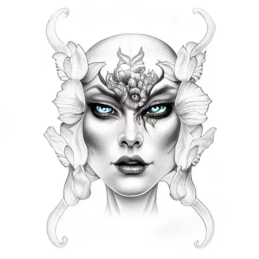 Monster Woman Face With Beautiful Eyes And Orchid