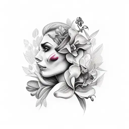 Half Destroyed Face Of Woman With Orchid Plant