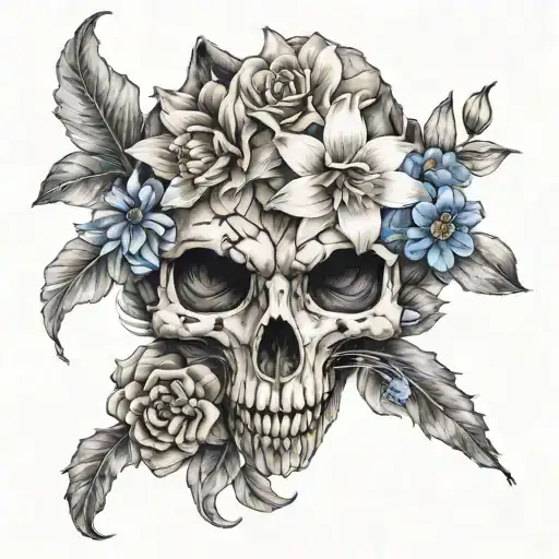 Raccoon Skull With Columbine Flowers