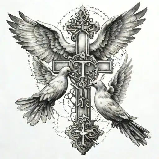 Two Doves With A Christian Cross And On The Cross A Rosary Surrounding It