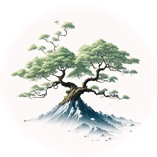 Ginkgo Tree With A Mountain For Roots And Leaves Floating Away From The Tree