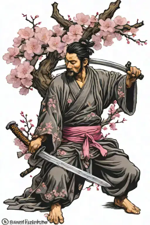 Sleeping Ronin With Katana Under A Large Pink Cherry Blossom Tree
