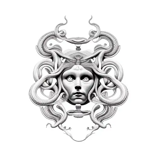 Uma Tatuagem Do Rosto Da Medusa Com As Cobras Em Seus Cabelos Saindo Pelas Laterais