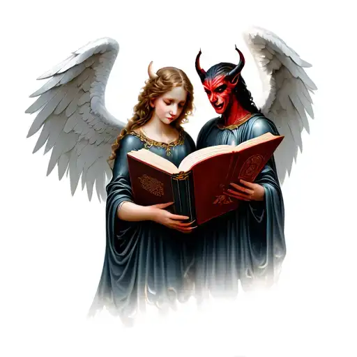 Angel And Devil Holding Open Book