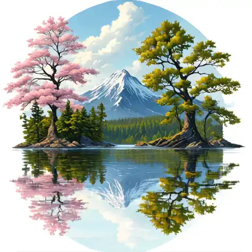 Strong Mountain With Dogwood Trees And A Cross Out Of The Water Reflection