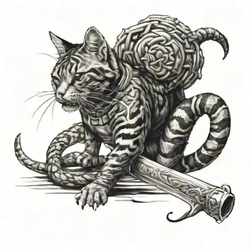 A Cat That Fights An Snake Along A Katana