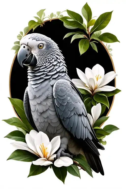 African Grey Parrot Infront Of Magnoloa Flowers Growing