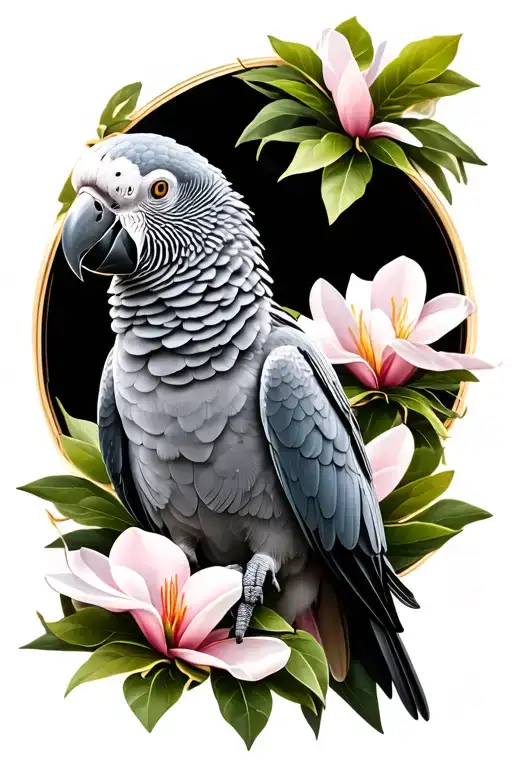African Grey Parrot Infront Of Magnoloa Flowers Blooming