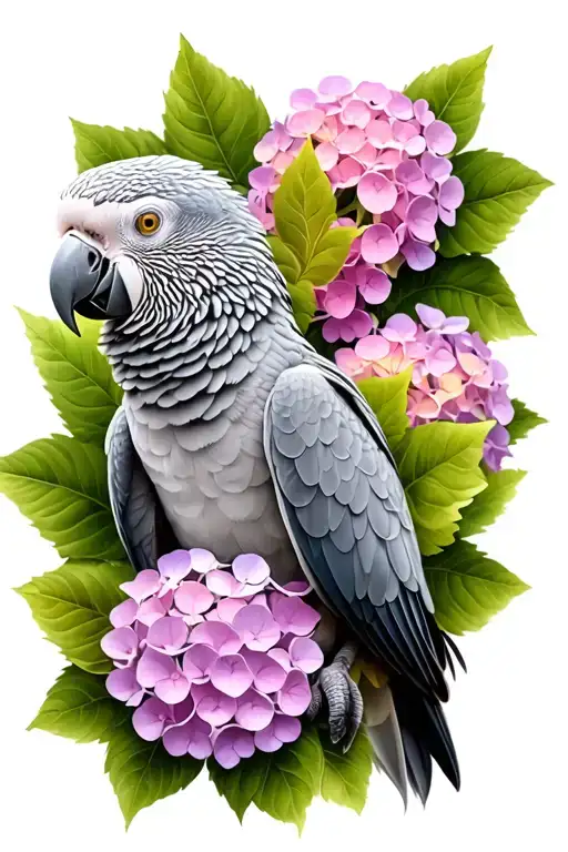 African Grey Parrot Infront Of Hydrangea Flowers Blooming