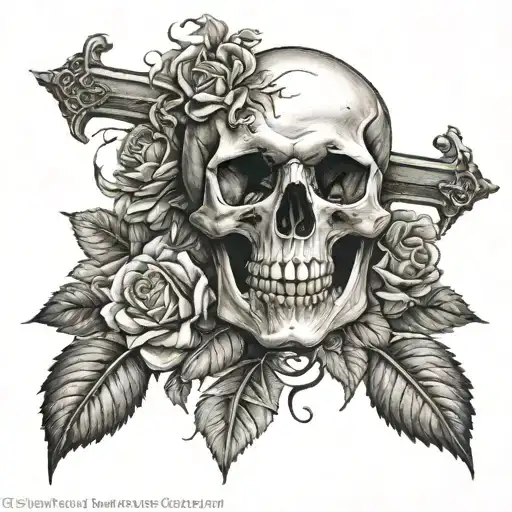 Skull And Roses With Cross