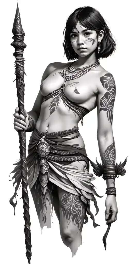 Tribal Girl With Short Hair Holding Staff