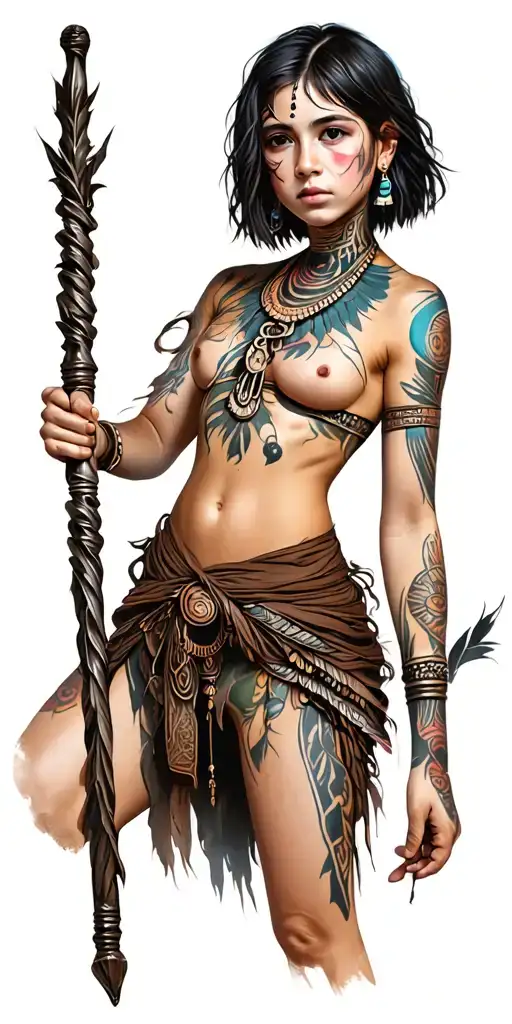 Tribal Girl With Short Hair Holding Staff