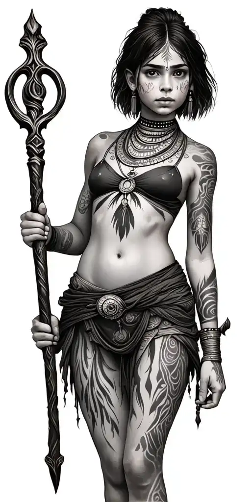 Tribal Girl With Short Hair Holding Staff