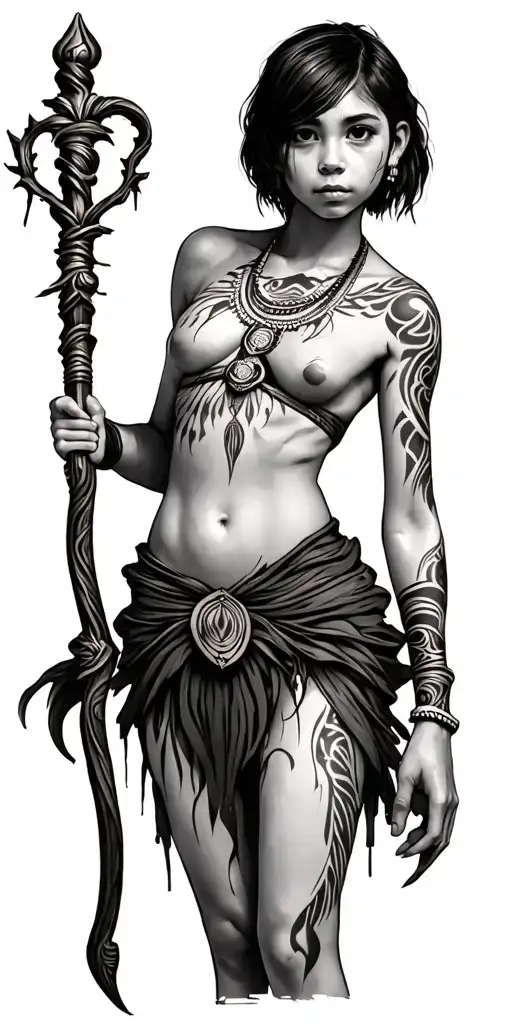 Tribal Girl With Short Hair Holding Staff