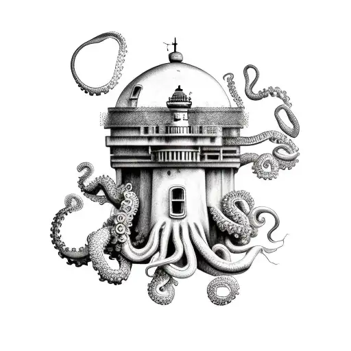 Grayscale Lighthouse With Octopus