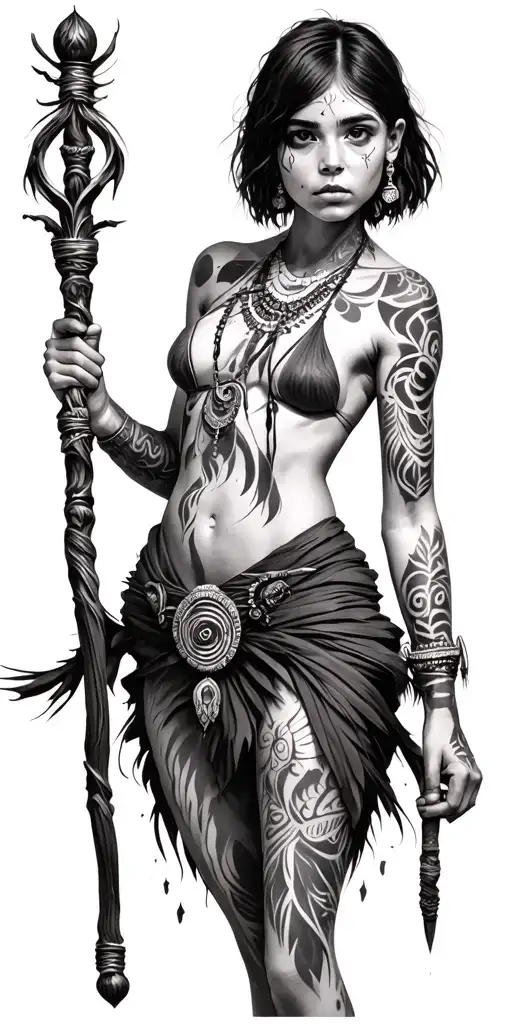 Tribal Girl With Short Hair Holding Staff