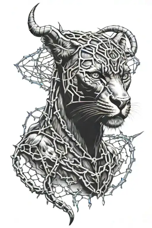 Black Panther Head Next To A Goat Head Covered In Barbed Wire