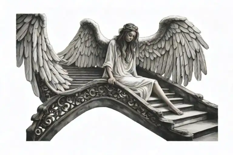 Angel With Hands Spread Out Floating On A Staircase