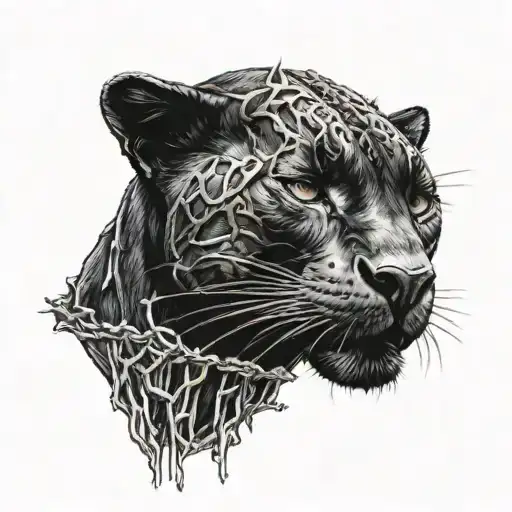 Water Background Black Panther And A Goat Filled In With Barbed Wire